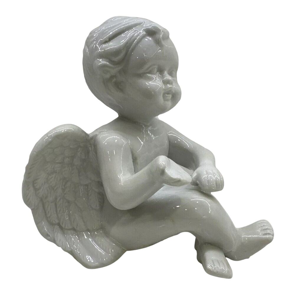Vintage White Ceramic Cherub Baby Angel Figurine Sitting With Offering